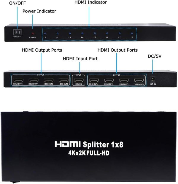 1×8 HDMI Splitter, 1 in 8 Out HDMI Splitter Audio Video Distributor Box Support Full HD 3D & 4K x 2K Compatible - Image 3