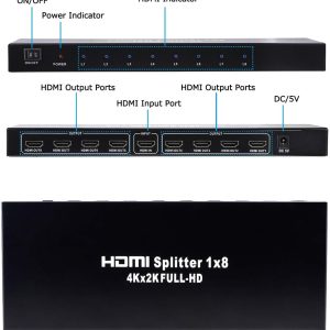 1×8 HDMI Splitter, 1 in 8 Out HDMI Splitter Audio Video Distributor Box Support Full HD 3D & 4K x 2K Compatible