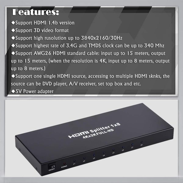 1×8 HDMI Splitter, 1 in 8 Out HDMI Splitter Audio Video Distributor Box Support Full HD 3D & 4K x 2K Compatible - Image 4